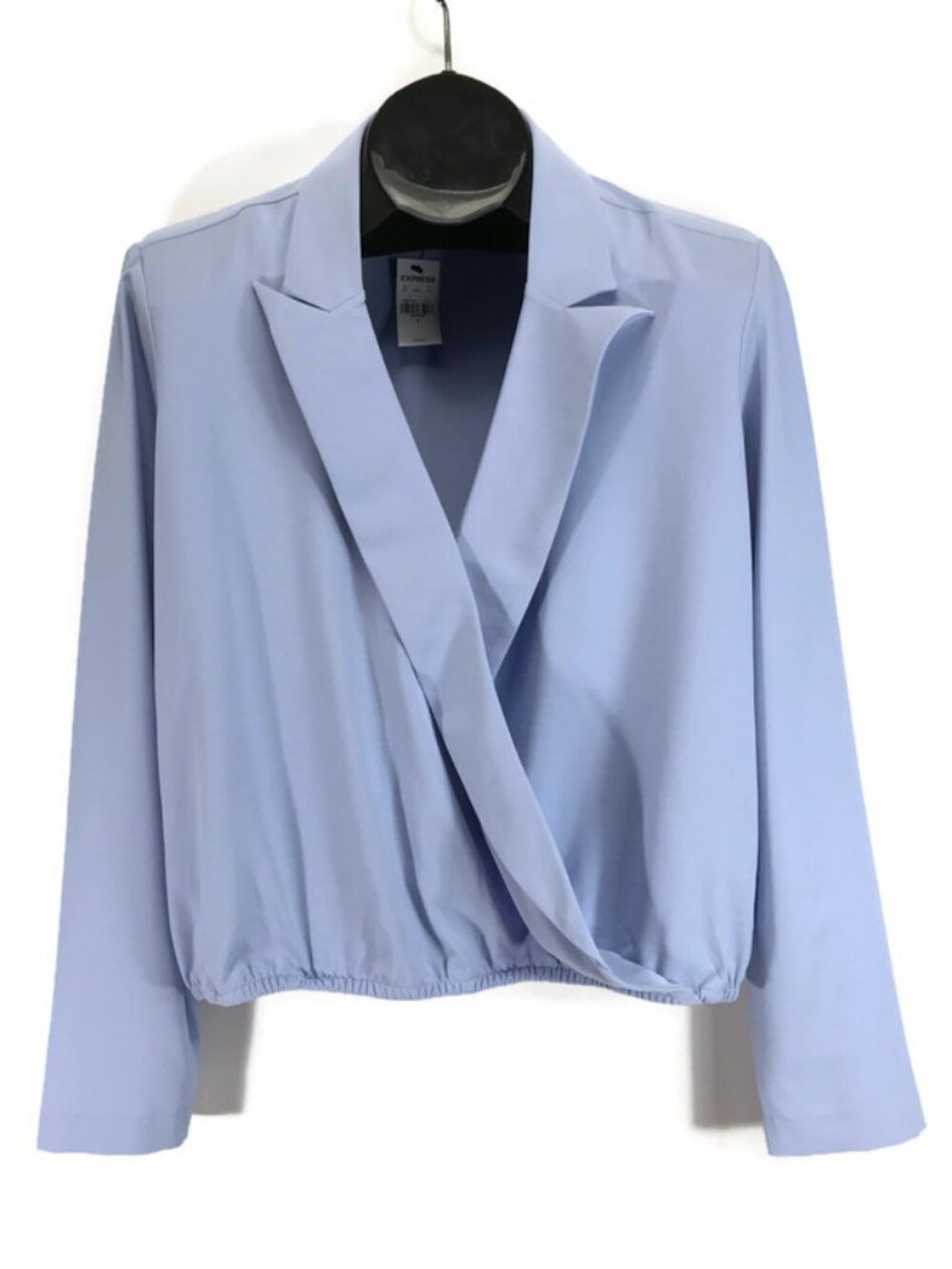 NEW Express Faux Wrap Cropped Blouse Women's Medium Blue Long Sleeve Collared
